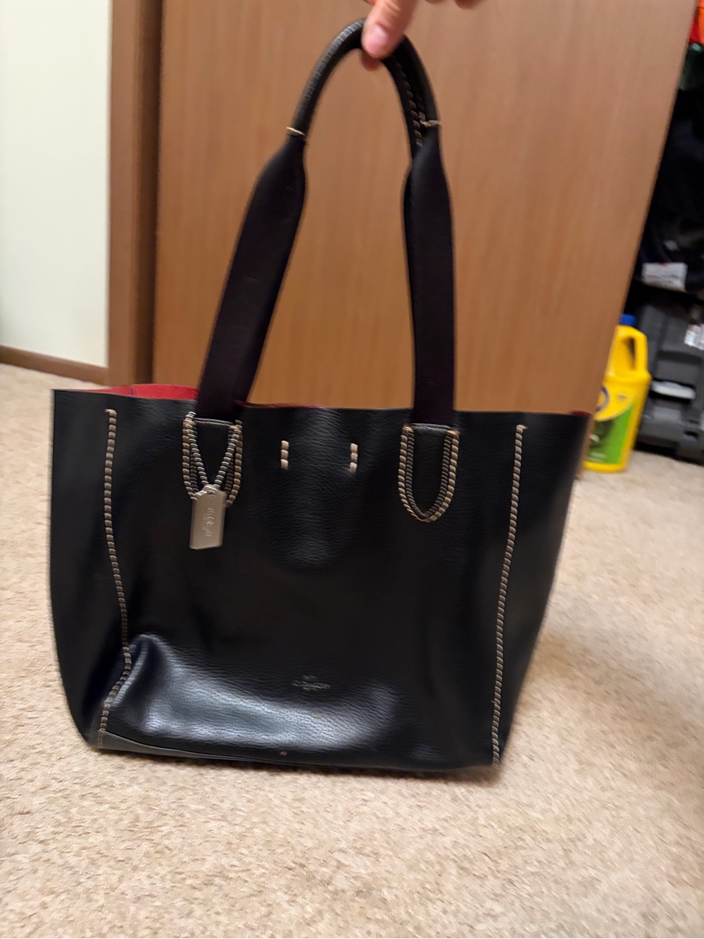 Coach Black Leather Tote with Red Interior Trim